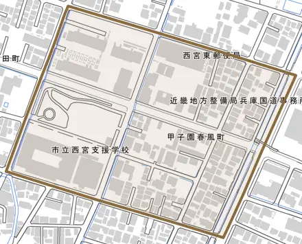 甲子園春風町とその周辺の地図。町の範囲を重ねている