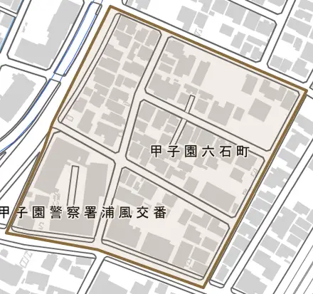 甲子園六石町とその周辺の地図。町の範囲を重ねている