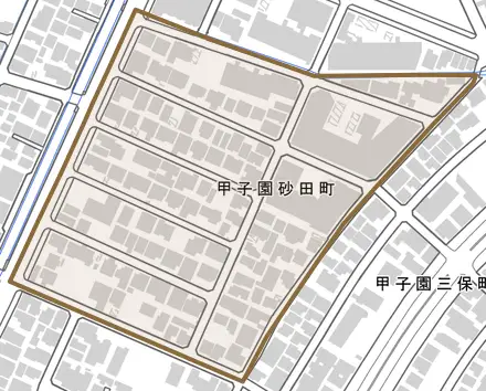 甲子園砂田町とその周辺の地図。町の範囲を重ねている
