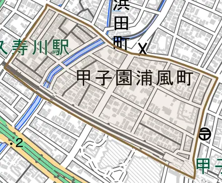 甲子園浦風町とその周辺の地図。町の範囲を重ねている