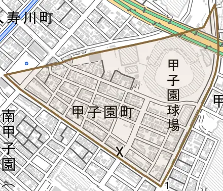 甲子園町とその周辺の地図。町の範囲を重ねている