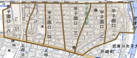 甲子園口とその周辺の地図。町の範囲を重ねている