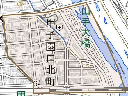 甲子園口北町とその周辺の地図。町の範囲を重ねている