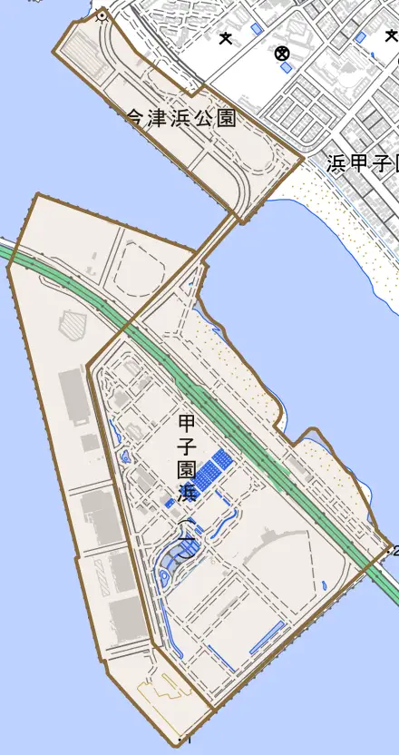 甲子園浜とその周辺の地図。町の範囲を重ねている