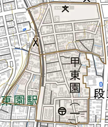 甲東園とその周辺の地図。町の範囲を重ねている