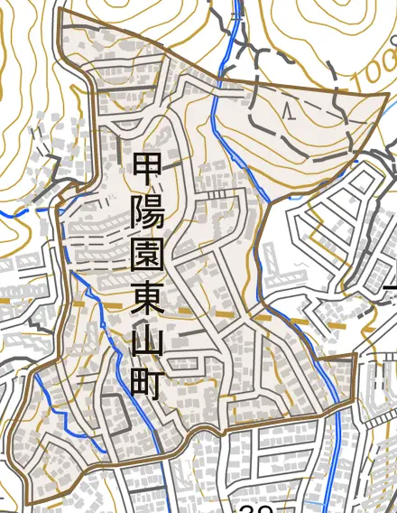 甲陽園東山町とその周辺の地図。町の範囲を重ねている