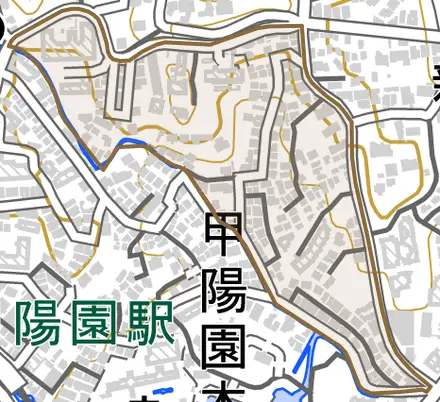 甲陽園日之出町とその周辺の地図。町の範囲を重ねている
