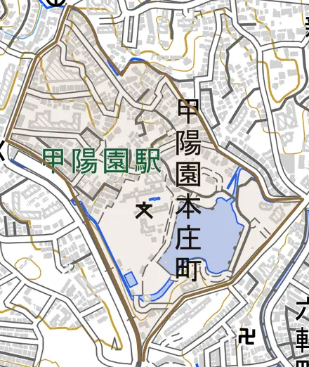 甲陽園本庄町とその周辺の地図。町の範囲を重ねている