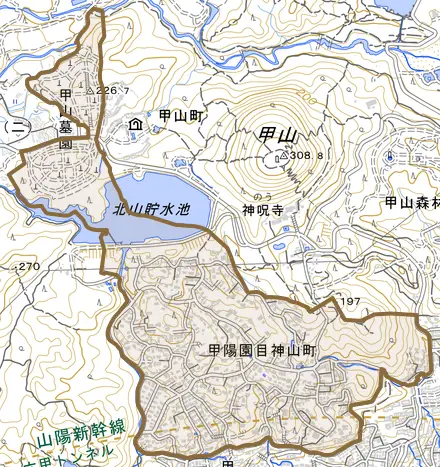 甲陽園目神山町とその周辺の地図。町の範囲を重ねている