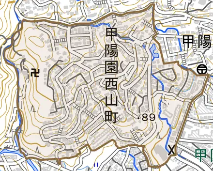 甲陽園西山町とその周辺の地図。町の範囲を重ねている