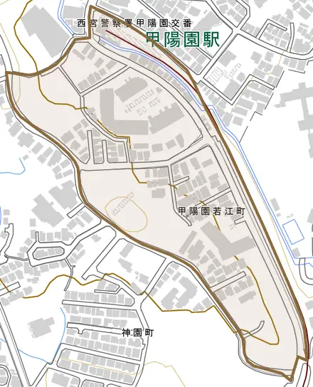 甲陽園若江町とその周辺の地図。町の範囲を重ねている