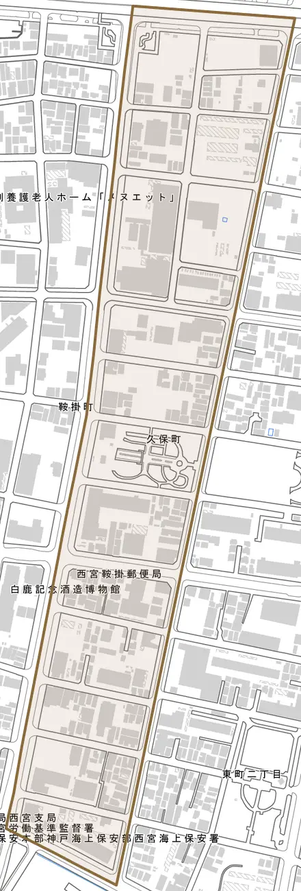 久保町とその周辺の地図。町の範囲を重ねている