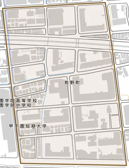 熊野町とその周辺の地図。町の範囲を重ねている