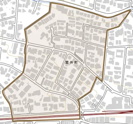 雲井町とその周辺の地図。町の範囲を重ねている