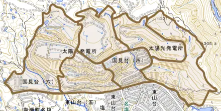 国見台とその周辺の地図。町の範囲を重ねている