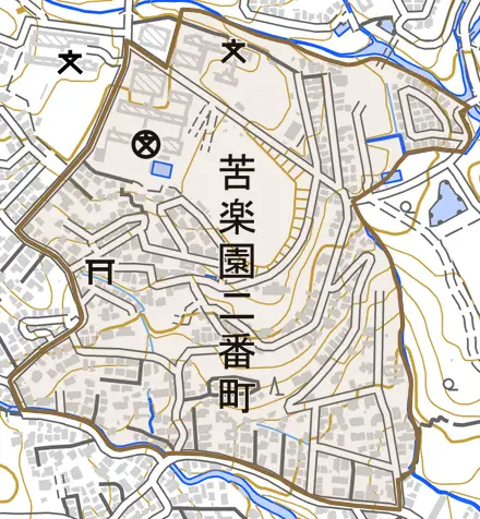 苦楽園二番町とその周辺の地図。町の範囲を重ねている