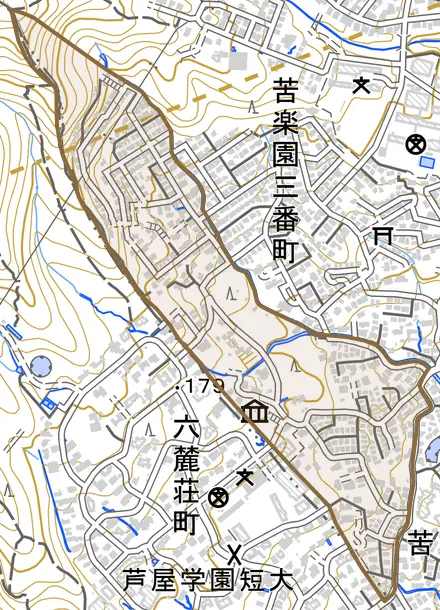 苦楽園四番町とその周辺の地図。町の範囲を重ねている