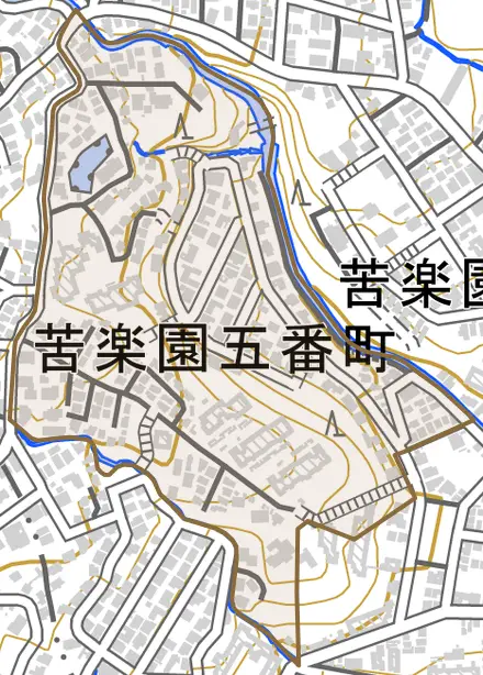 苦楽園五番町とその周辺の地図。町の範囲を重ねている