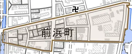 前浜町とその周辺の地図。町の範囲を重ねている