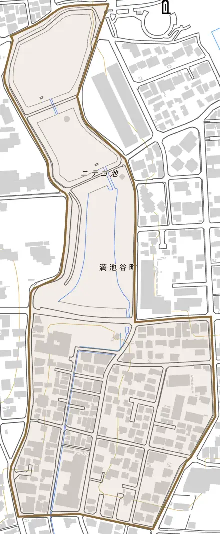 満池谷町とその周辺の地図。町の範囲を重ねている