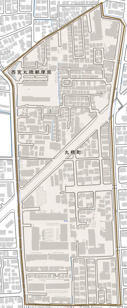 丸橋町とその周辺の地図。町の範囲を重ねている