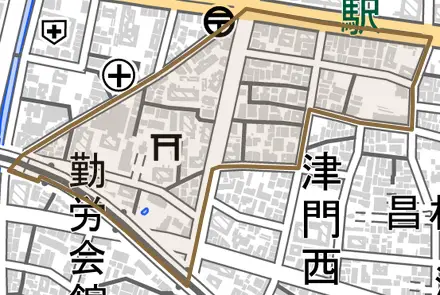 松原町とその周辺の地図。町の範囲を重ねている