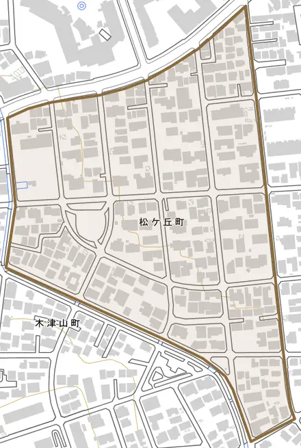 松ケ丘町とその周辺の地図。町の範囲を重ねている