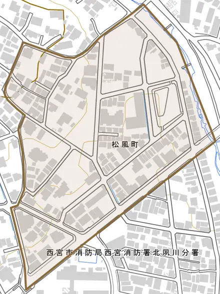 松風町とその周辺の地図。町の範囲を重ねている