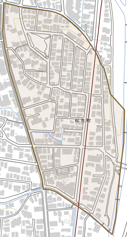 松生町とその周辺の地図。町の範囲を重ねている
