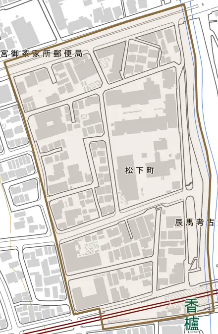 松下町とその周辺の地図。町の範囲を重ねている