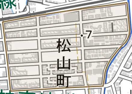 松山町とその周辺の地図。町の範囲を重ねている