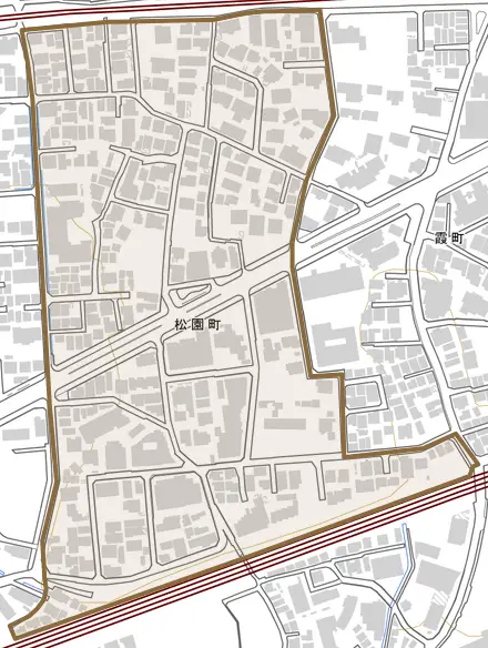 松園町とその周辺の地図。町の範囲を重ねている