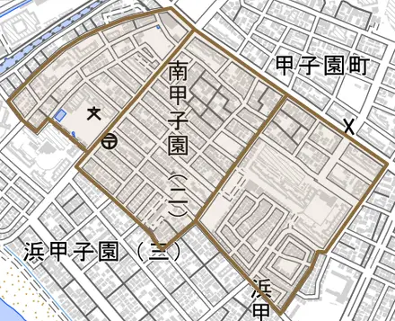 南甲子園とその周辺の地図。町の範囲を重ねている