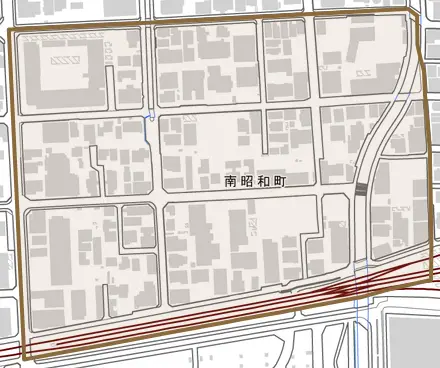 南昭和町とその周辺の地図。町の範囲を重ねている