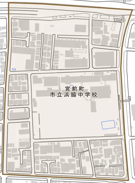 宮前町とその周辺の地図。町の範囲を重ねている
