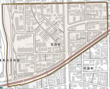 宮西町とその周辺の地図。町の範囲を重ねている