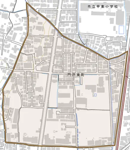 門戸東町とその周辺の地図。町の範囲を重ねている