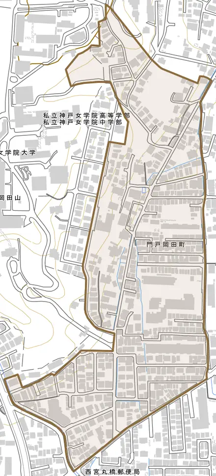 門戸岡田町とその周辺の地図。町の範囲を重ねている
