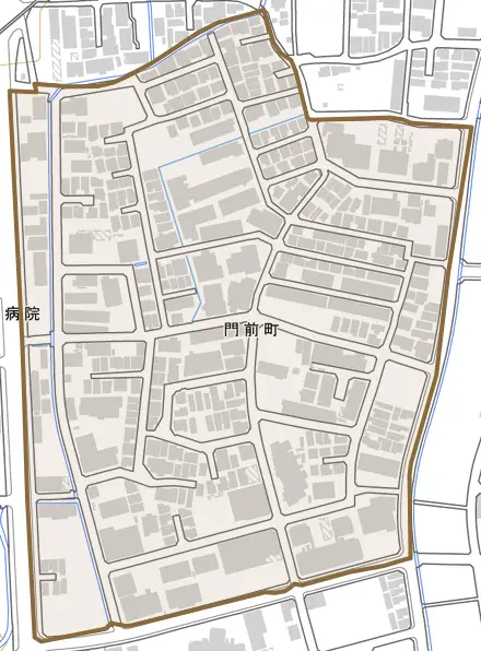 門前町とその周辺の地図。町の範囲を重ねている