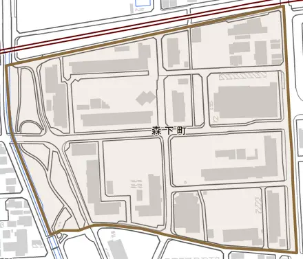 森下町とその周辺の地図。町の範囲を重ねている