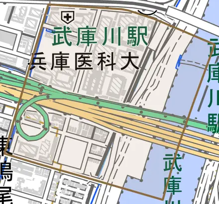 武庫川町とその周辺の地図。町の範囲を重ねている