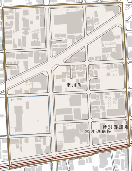 室川町とその周辺の地図。町の範囲を重ねている