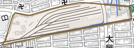 長田町とその周辺の地図。町の範囲を重ねている