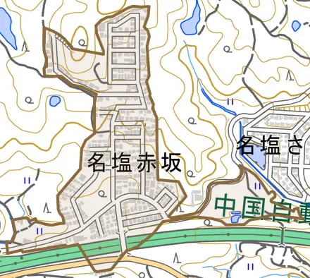 名塩赤坂とその周辺の地図。町の範囲を重ねている