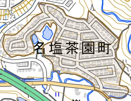名塩茶園町とその周辺の地図。町の範囲を重ねている