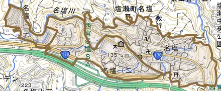 名塩とその周辺の地図。町の範囲を重ねている