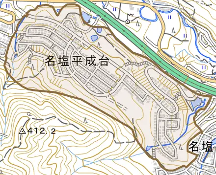 名塩平成台とその周辺の地図。町の範囲を重ねている