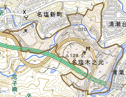 名塩木之元とその周辺の地図。町の範囲を重ねている