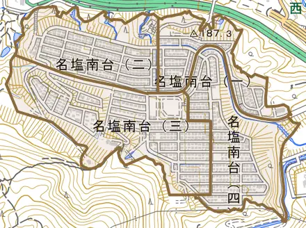 名塩南台とその周辺の地図。町の範囲を重ねている