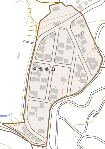 名塩美山とその周辺の地図。町の範囲を重ねている